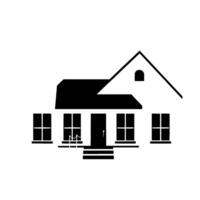 Simplified monochrome house illustration featuring a gable roof, small arch window, multiple windows, and a front door with steps and a minimalist porch. vector