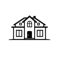Minimalist Black and White Illustration of a TwoStory House with Architectural Details and a Chimney, Set Against a Plain White Background. vector