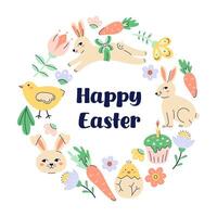 Happy Easter Round Frame With Bunnies, chickens and eggs. Happy Easter hand drawn card. Flat illustration with partial outline. Isolated illustration. vector