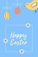 Cute poster With chicken for Happy Easter holiday. Design with flowers, eggs and text on blue background. Happy Easter hand drawn card. Flat illustration with partial outline. illustration. vector