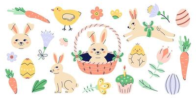 Happy Easter illustrations set With Bunnies, chickens and eggs. Happy Easter hand drawn card. Flat illustration with partial outline. Isolated illustration on white background. vector