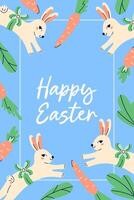 Cute poster With Bunnies and carrots for Happy Easter holiday. Design with text on blue background. Happy Easter hand drawn card. Flat illustration with partial outline. illustration. vector