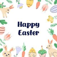 Happy Easter square Frame With Bunnies, chickens and eggs around the perimeter. Happy Easter hand drawn card. Flat illustration with partial outline. Isolated illustration. vector