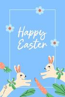 Cute poster With Bunnies for Happy Easter holiday. Design with flowers, carrots and text on blue background. Happy Easter hand drawn card. Flat illustration with partial outline. illustration. vector