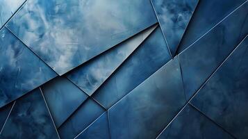 Electric blue triangle pattern on azure tile wall with cloudy sky backdrop photo