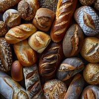 Assorted bread varieties and singleorigin coffee on a wooden table photo