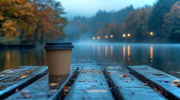 A cup of coffee rests on a weathered wooden dock with autumn leaves scattered around. Mist rises from the calm lake while soft lights twinkle in the background. photo