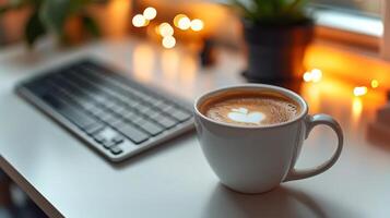 A clean and minimalist workspace features a white coffee cup with a heart design alongside a keyboard, illuminated by soft ambient light from behind. photo