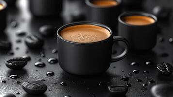 Focused on a sleek black coffee cup filled with smooth espresso, surrounded by coffee beans and droplets, creating a serene and inviting atmosphere. photo