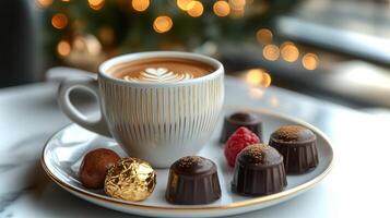 Savoring premium chocolate truffles and a perfectly crafted latte adorned with artistic patterns in a luxury dining environment, filled with festive ambiance. photo