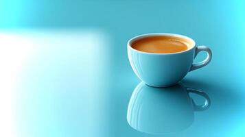 A pure white coffee cup filled with warm beverage stands alone on a glossy reflective surface, with a striking blue backdrop highlighting its simplicity. photo