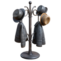 impressive rustic Black Metal Coat Rack with Hats and Coats Isolated high quality png