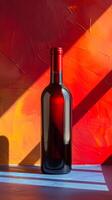 Red wine bottle on table against colorful background photo