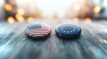 Two buttons featuring the flags of the United States and the European Union rest on a wooden surface. Soft bokeh lights create a warm atmosphere, reflecting unity. photo