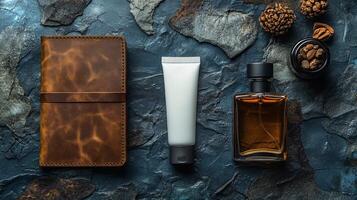 A meticulously arranged travel skincare kit features a stylish leather notebook, a white cream tube, and an elegant bottle of fragrance, all set on textured stones. photo
