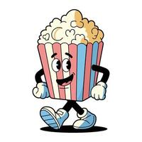 Cheerful retro popcorn character walking with a playful attitude in vibrant colors vector