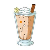 Warm autumn beverage with cinnamon stick and cream topped with a flower in a flat style vector