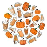 circle of drinks and pumpkins with theme of fall. Image include lattes, cappuccinos, pumpkin spice lattes vector