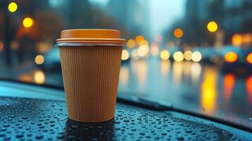 A brown recyclable coffee cup sits on a wet dashboard while raindrops gather around. The background features a blurred city with glowing lights and moving cars. photo