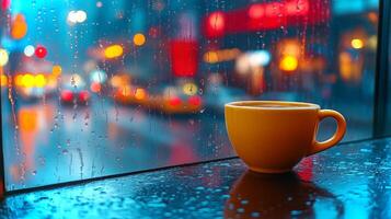 Raindrops cascade on the cafe window as a yellow coffee cup sits invitingly on the table, creating a cozy atmosphere perfect for reflection. photo