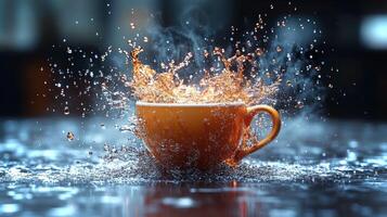 A vibrant coffee cup splashes water in a glitchy digital effect, creating an energetic and captivating visual experience. Enjoy this colorful display. photo