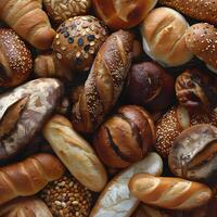 Assorted breads stacked atop each other in a pyramid shape photo