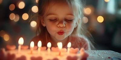 Cute girl blowing out candles on birthday cake surrounded by soft lights during evening celebration photo