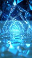 Exploring a luminous blue crystal tunnel illuminated by light reflections from crystal surfaces photo