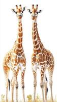 Two giraffes standing together in a sunlit savannah landscape showcasing their unique patterns and tall frames photo