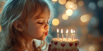Girl making a wish while blowing out birthday candles on a decorated cake during a festive celebration at night photo