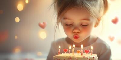 Young girl makes a wish while blowing out birthday candles on a celebratory cake surrounded by hearts and warm lighting photo
