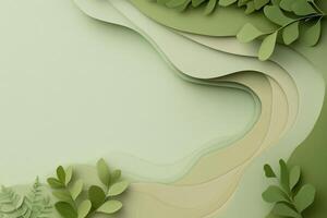 Abstract green paper cut wave background with leaves. photo