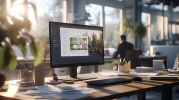 Modern desktop computer displaying user interface on screen in office. photo