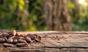 Cocoa beans on rustic wooden table in jungle photo