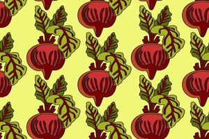 Botanical abstract seamless pattern with juicy beets illustration. Colorful vegetables repeating cartoon pattern in yellow color background. Graphic design for Fashion Cover Textile Birthday vector