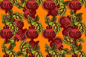Botanical abstract seamless pattern with juicy beets illustration. Colorful vegetables repeating cartoon pattern in orange color background. Graphic design for Fashion Cover Textile Print Card vector