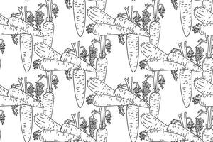 Line art seamless pattern with carrots plants illustration. Hand drawn outline repeating vegetables pattern background. Graphic design for Cover Coloring Book Textile Fashion Print Birthday vector