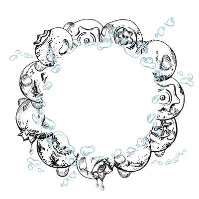 Blueberry blackberry, drops flying in water splash, hand drawn in ink , ripe summer forest berry. Isolated wreath frame illustration. Restaurant, cafe sweets menu, farmers market, recipe book