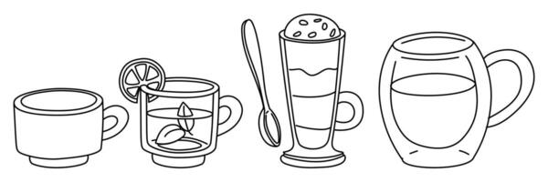 set of mugs with tea and coffee. Outline illustration on white. variety of cups with and without liquids. Monochrome doodle. Use illustrations for websites, product catalogs, or promotional materials. vector