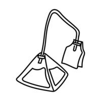 Triangular tea bag with a doodle tag. Packing sideways. It is suitable for use in tea packaging design, product branding, marketing materials and culinary blogs, as well in production of tea products vector