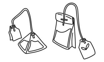 Doodle set has two types of tea bags, regular and triangular, ideal for use in advertising, packaging or for tea-related products Monochrome illustration of tea items. Thin fabric with rope and label vector