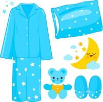 Collection of children pajamas and sleep objects. Cute little boy pajamas getting ready to sleep. Child bed time collection. vector