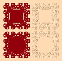 Four ornate square designs. Lace or doilies. Symmetrical patterns. Intricate details. Red and cream color. Contrasting styles. Decorative art. Vintage aesthetic. Isolated elements. Flat . vector