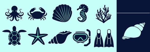 Under the sea themes icon set with octopus, sea horse, turtle, crab, oyster, sea star, shell, goggles, algae. Editable icon elements, size and color. vector