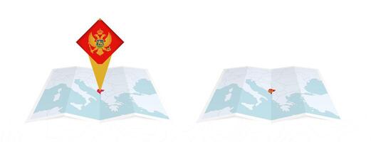 Two versions of an Montenegro folded map, one with a pinned country flag and one with a flag in the map contour. Template for both print and online design. vector