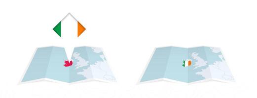 Two versions of an Ireland folded map, one with a pinned country flag and one with a flag in the map contour. Template for both print and online design. vector