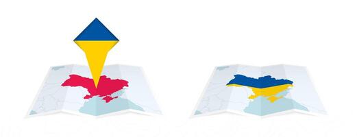 Two versions of an Ukraine folded map, one with a pinned country flag and one with a flag in the map contour. Template for both print and online design. vector