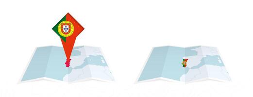 Two versions of an Portugal folded map, one with a pinned country flag and one with a flag in the map contour. Template for both print and online design. vector