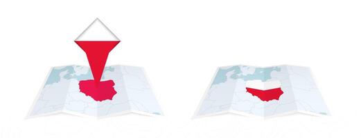 Two versions of an Poland folded map, one with a pinned country flag and one with a flag in the map contour. Template for both print and online design. vector