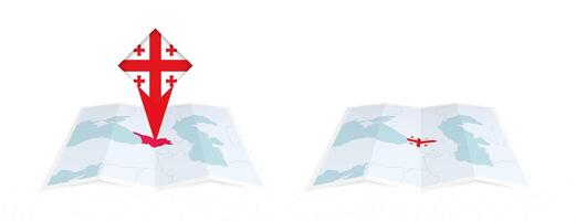 Two versions of an Georgia folded map, one with a pinned country flag and one with a flag in the map contour. Template for both print and online design. vector